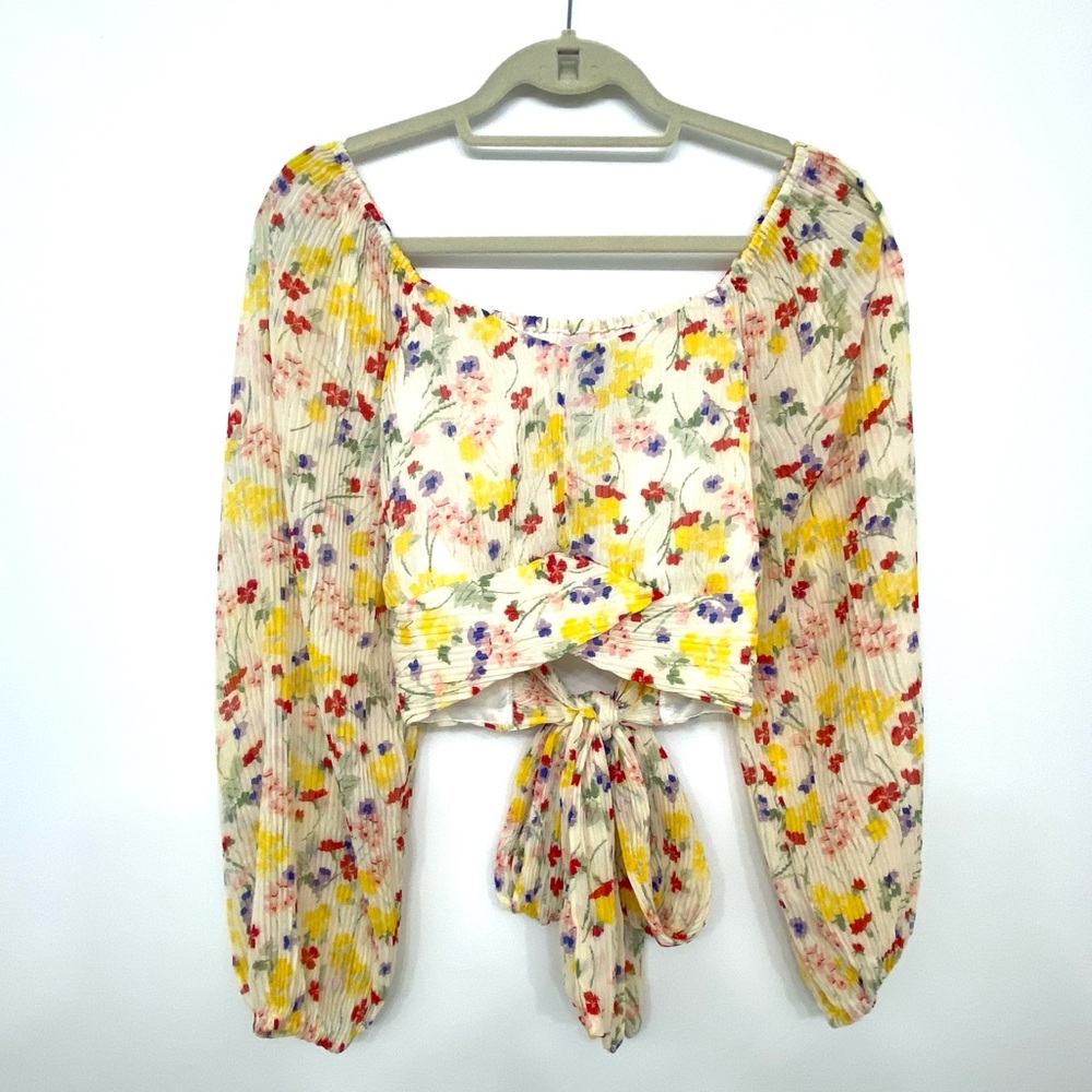 Japna Floral Wrap Crop Top Cream Sheer Puff Sleeve Boho Romantic Women’s L